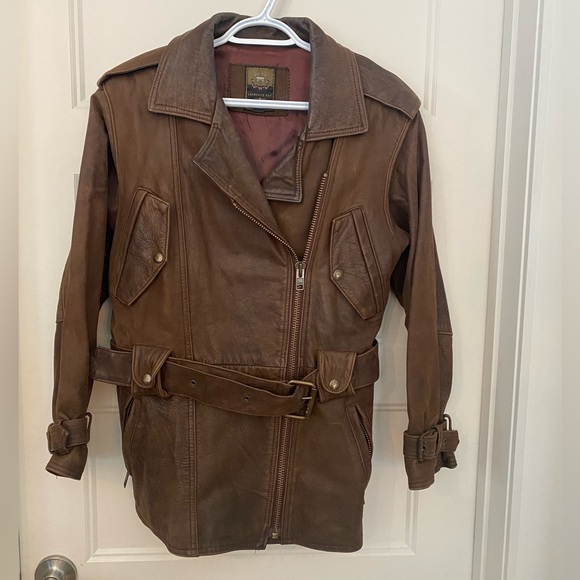 Vintage Laurence Roy brown belted leather jacket size S - Picture 1 of 16